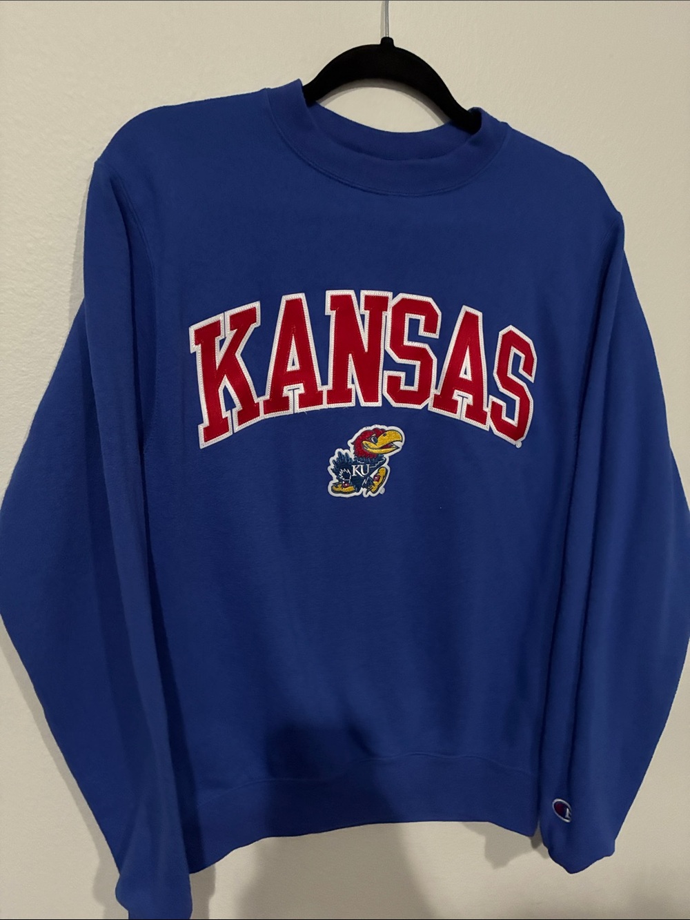 Champion Royal Blue Kansas KU Jayhawk Crewneck Sweatshirt with Red Lettering - Picture 7 of 9